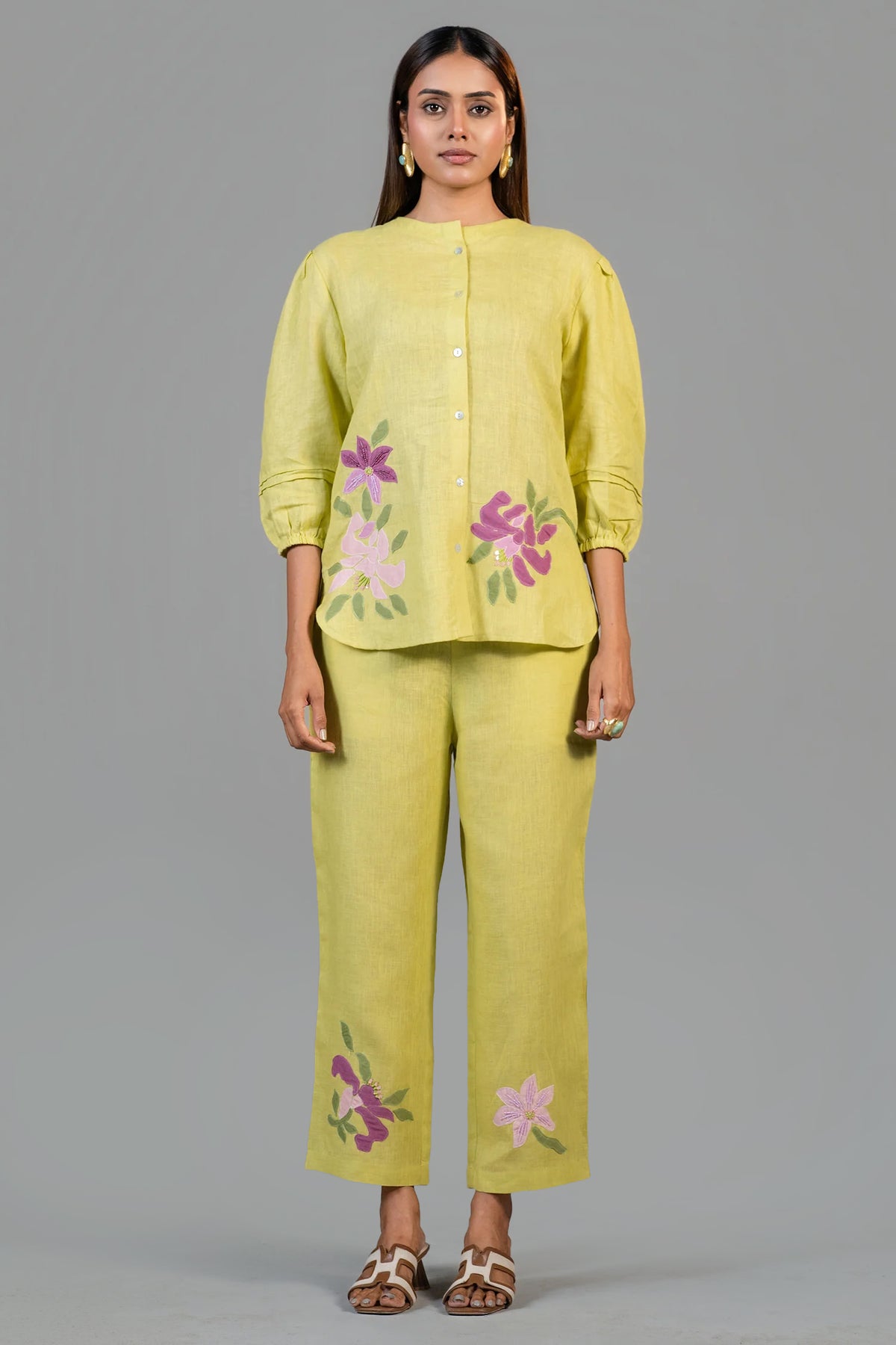 Chartreuse Yellow Cotton Linen Co-Ord Set with Sequin and Beaded Patch Work
