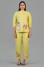 Chartreuse Yellow Cotton Linen  Co-Ord Set with Sequin and Beaded Patch Work