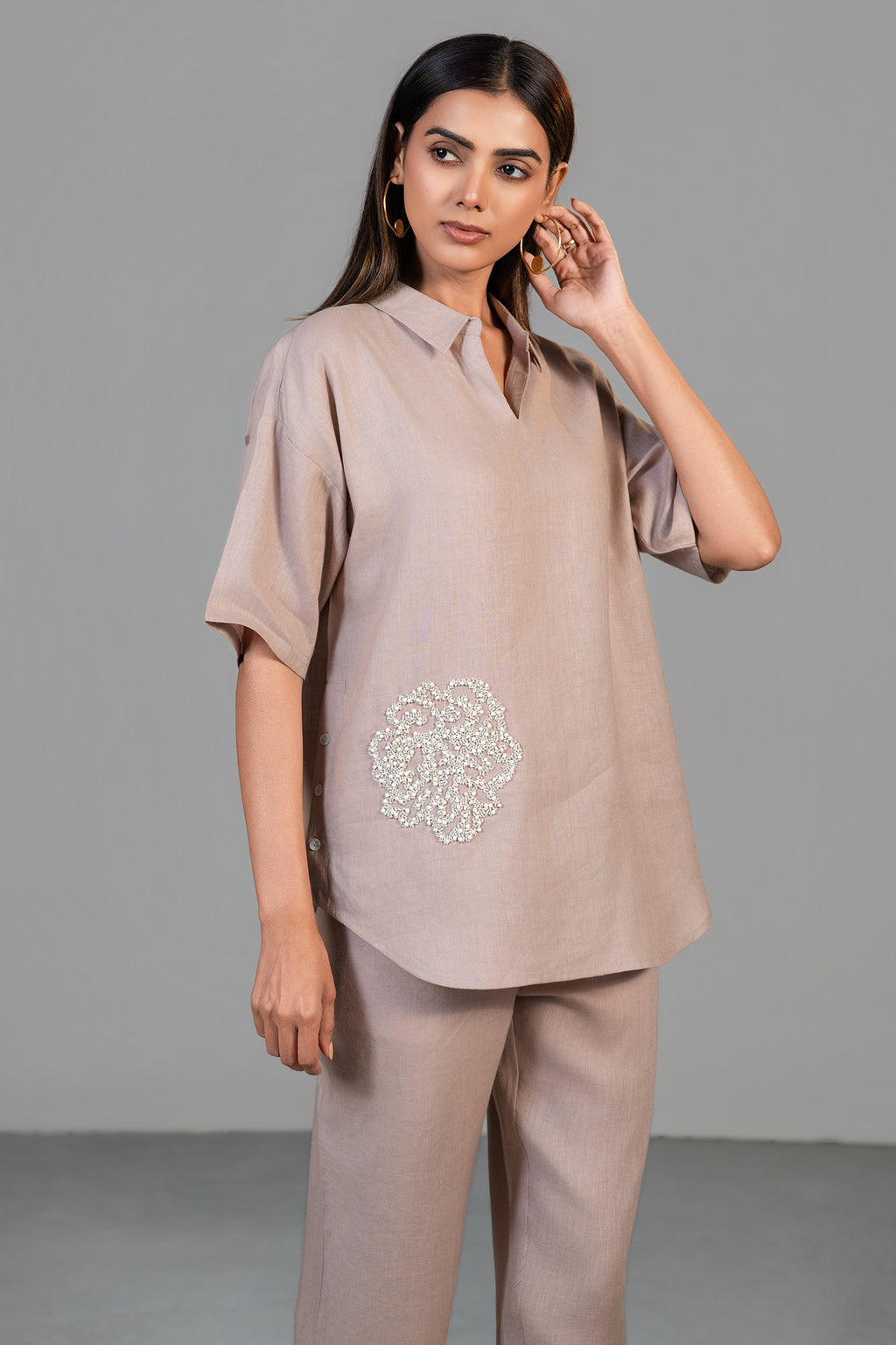 Dusty Rose Pink Linen Bead Work Co-Ord Set