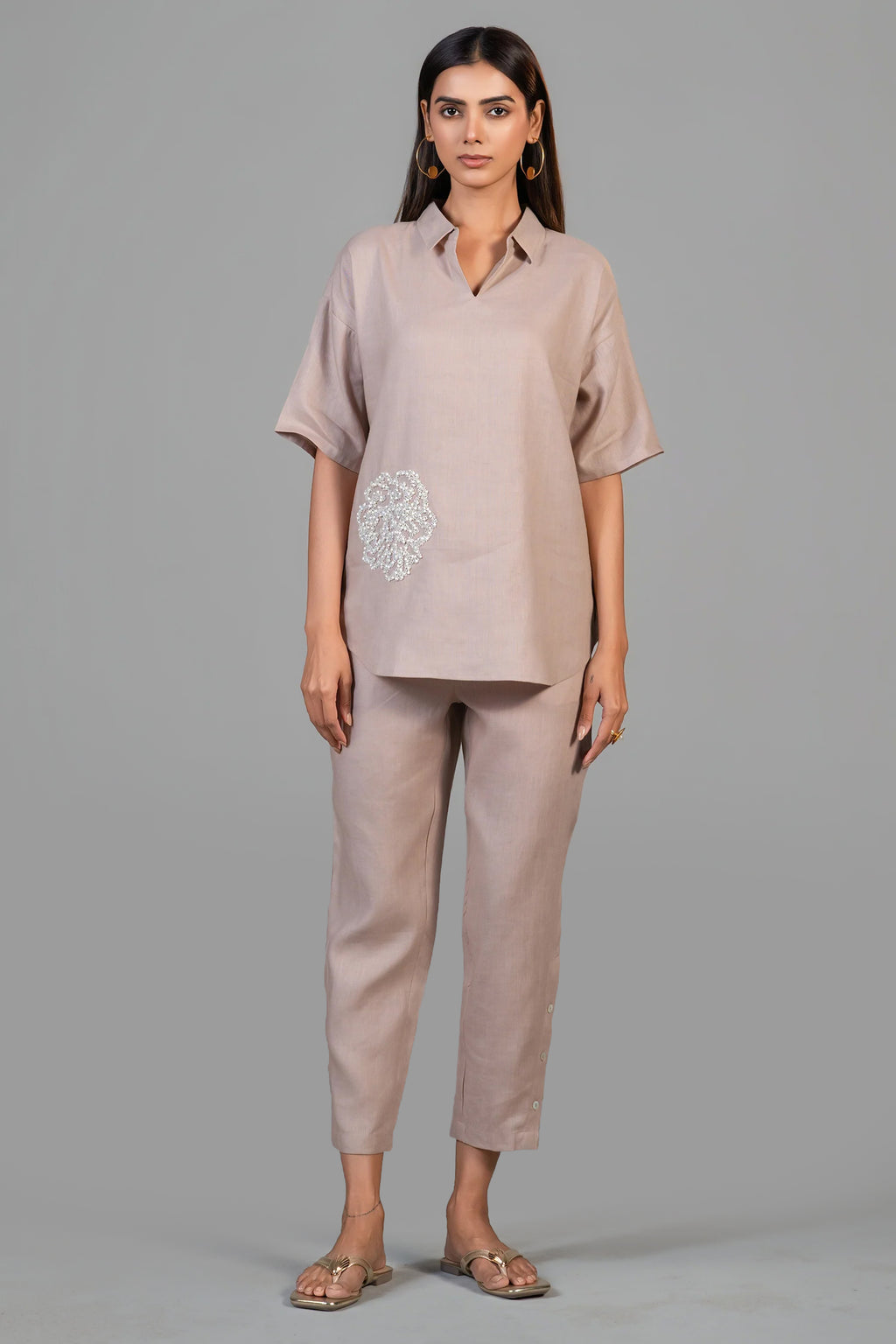 Dusty Rose Pink Linen Bead Work Co-Ord Set