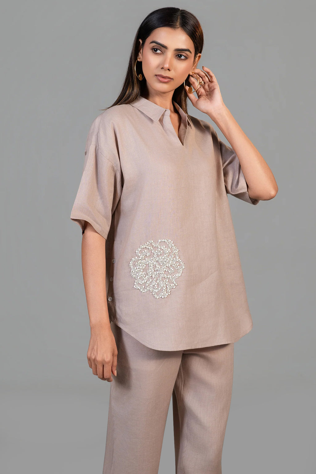 Dusty Rose Pink Linen Bead Work Co-Ord Set