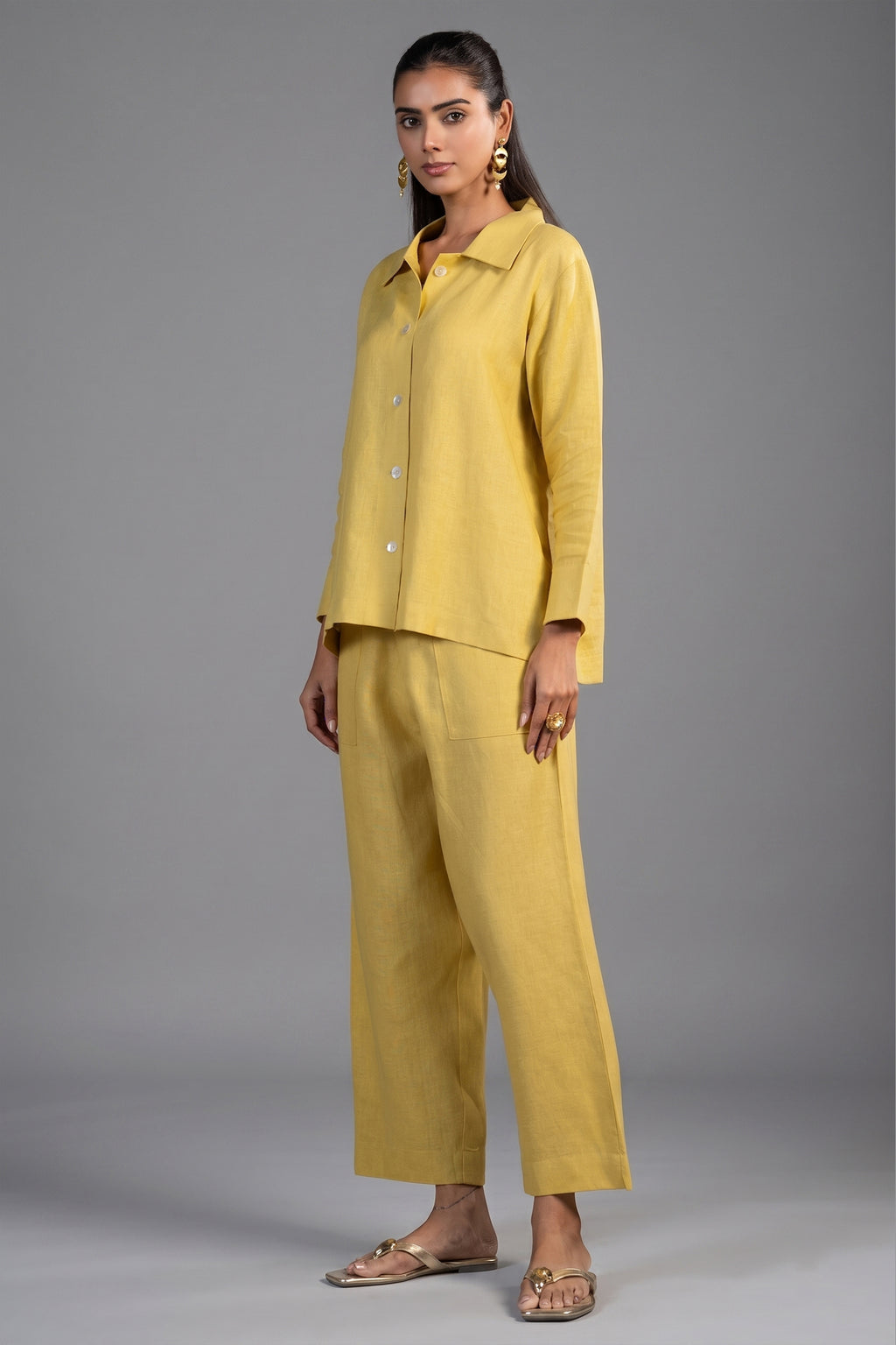Lime Yellow Linen Solid Co-Ord Set