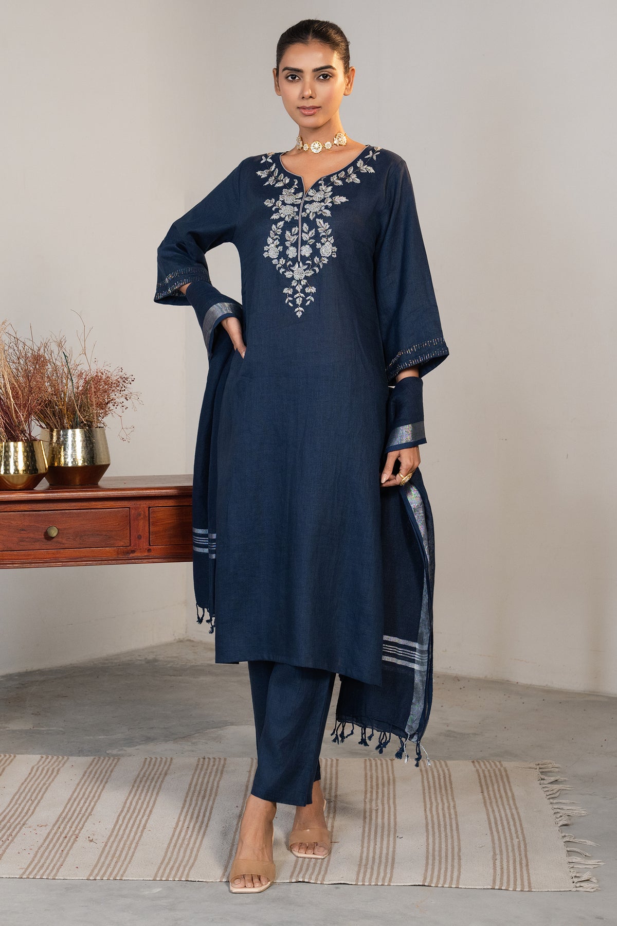 Prussian Blue Cotton Embroidery and Cutdana Work Kurti Set