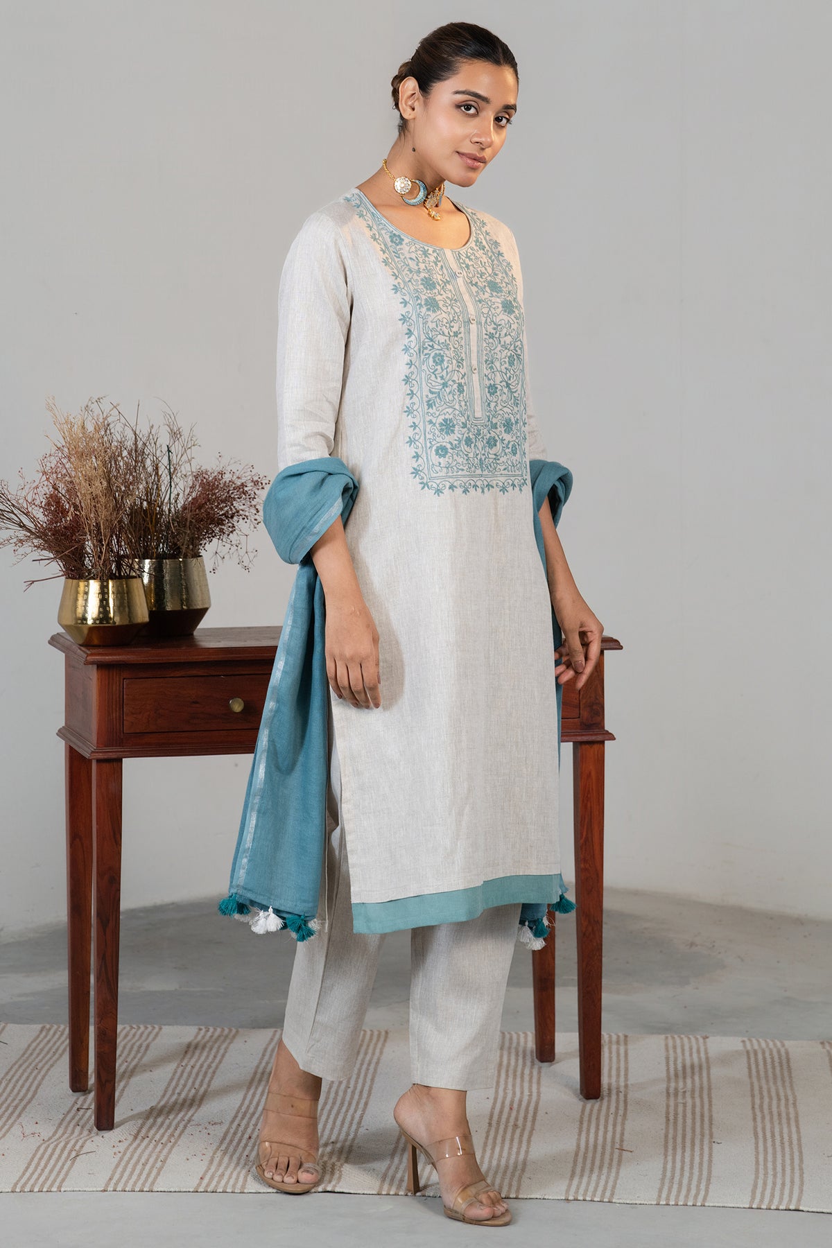 Off White Linen Straight Cut Contrast Embroidered Kurti Set