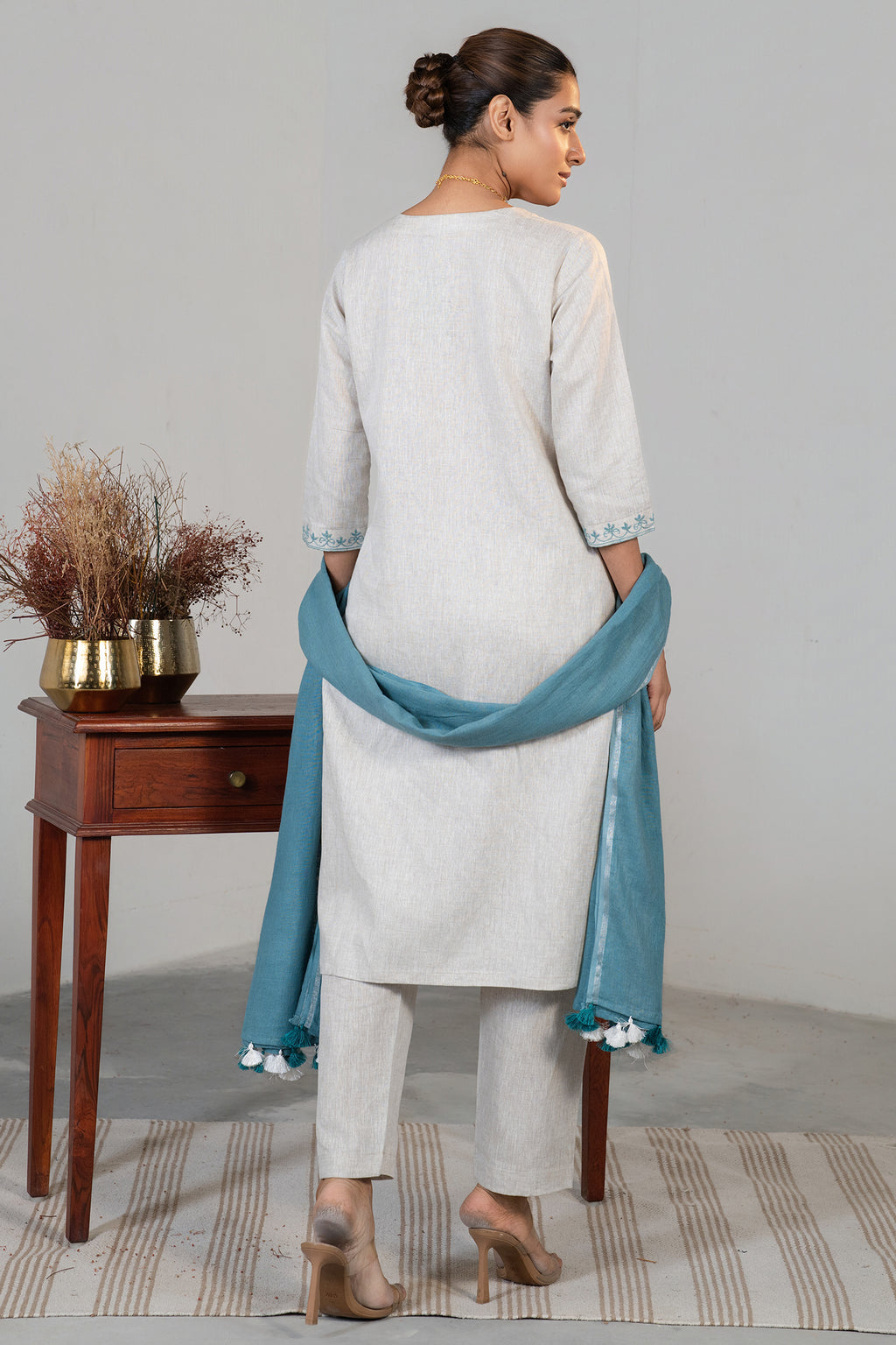 Off White Linen Straight Cut Contrast Embroidered Kurti Set