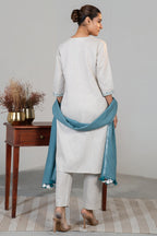 Off White Linen Straight Cut Contrast Embroidered Kurti Set