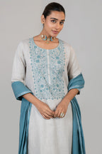 Off White Linen Straight Cut Contrast Embroidered Kurti Set