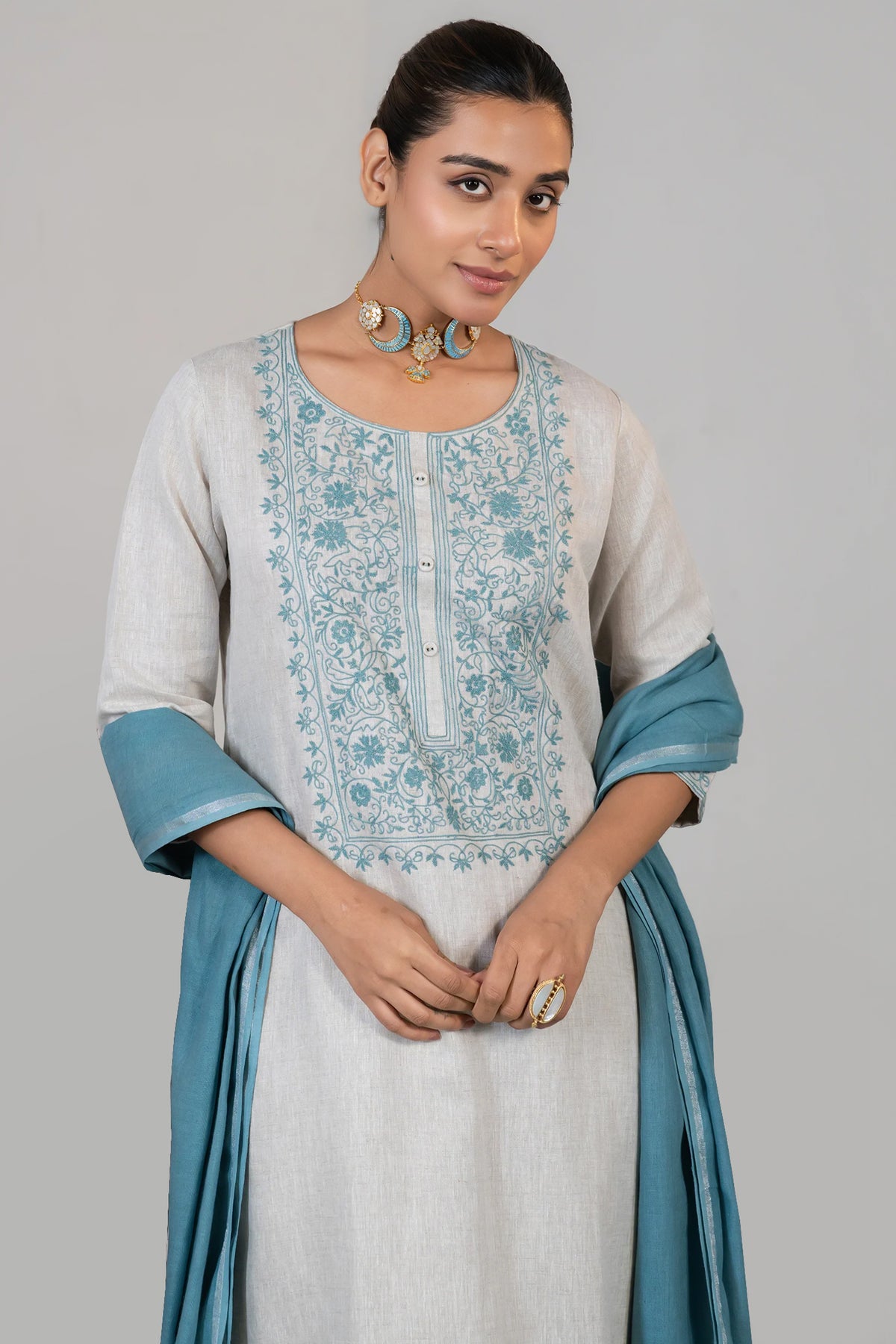 Off White Linen Straight Cut Contrast Embroidered Kurti Set