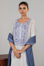 Off White Linen Straight Cut Contrast Embroidered Kurti Set
