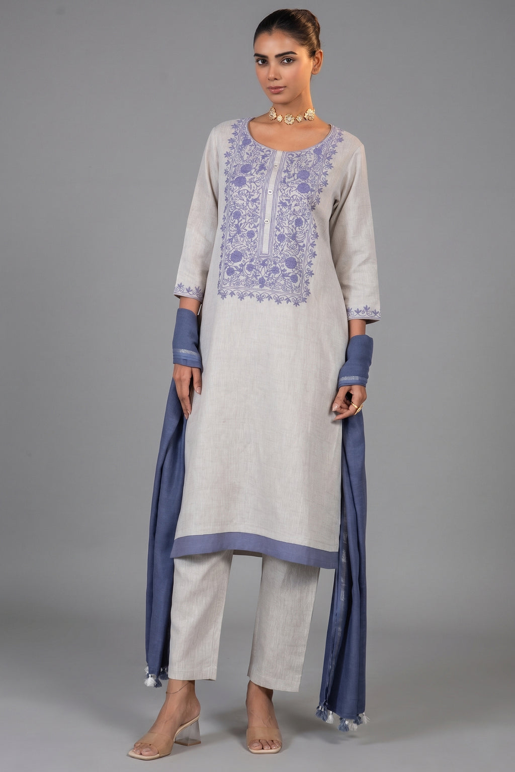 Off White Linen Straight Cut Contrast Embroidered Kurti Set