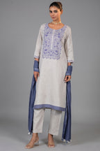 Off White Linen Straight Cut Contrast Embroidered Kurti Set