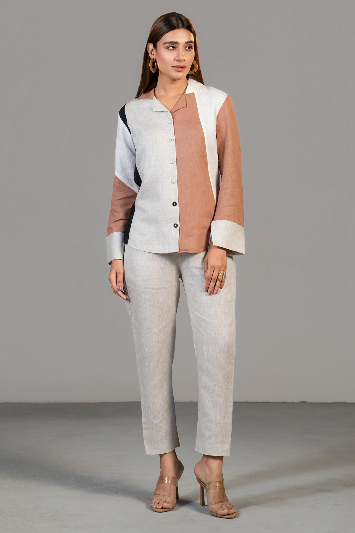 Multi Colored Linen Shirt Style Tunic with Pant