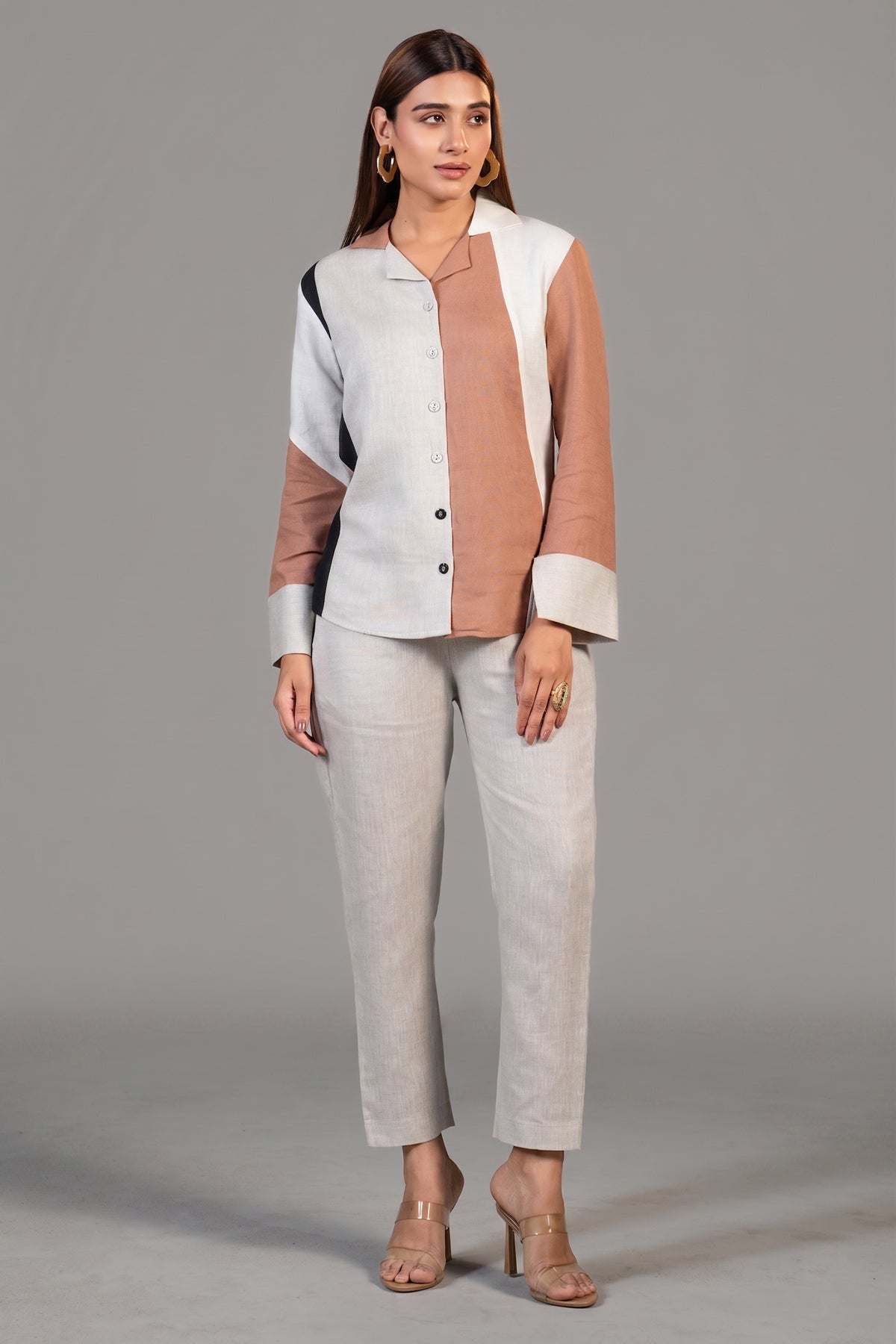 Multi Colored Linen Shirt Style Tunic with Pant