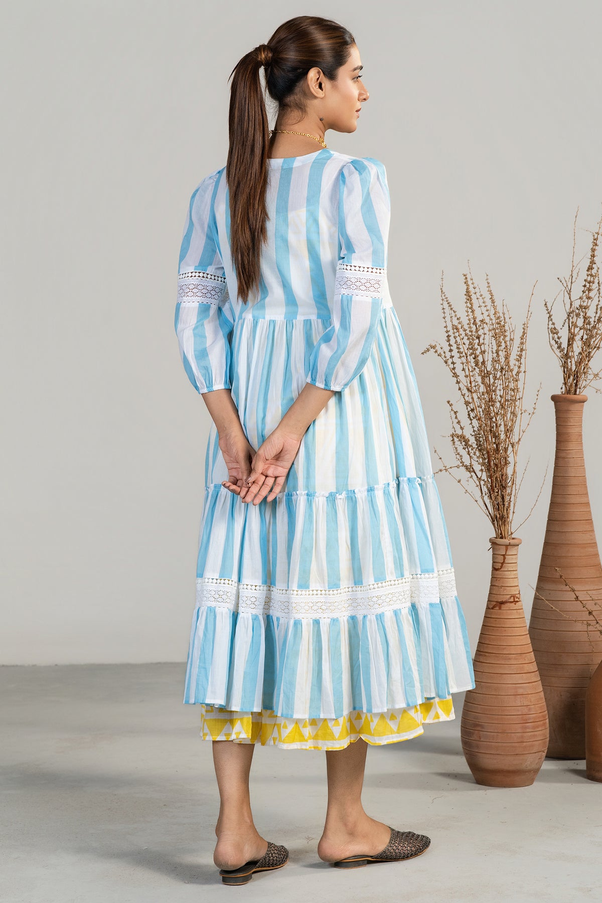 Yellow and Blue Soft Cotton Geometric Print Bohemian-Style Fusion Dress