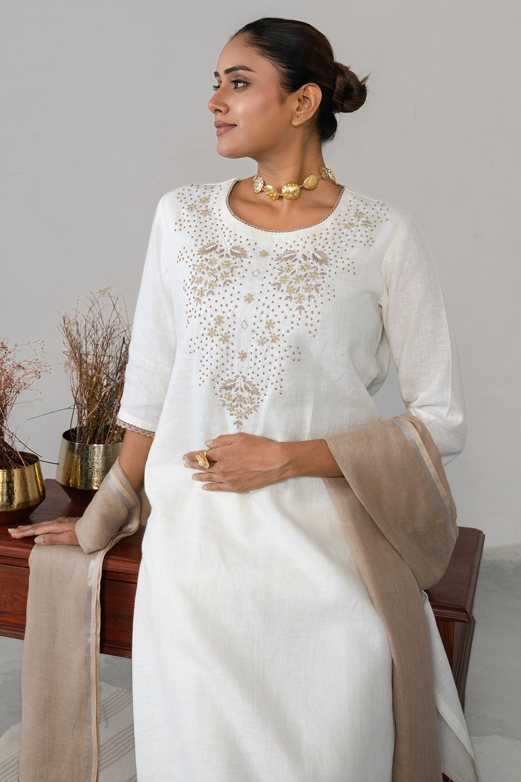 Off White Linen Embroidery and Beaded Straight Cut Kurti Set