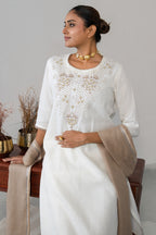 Off White Linen Embroidery and Beaded Straight Cut Kurti Set