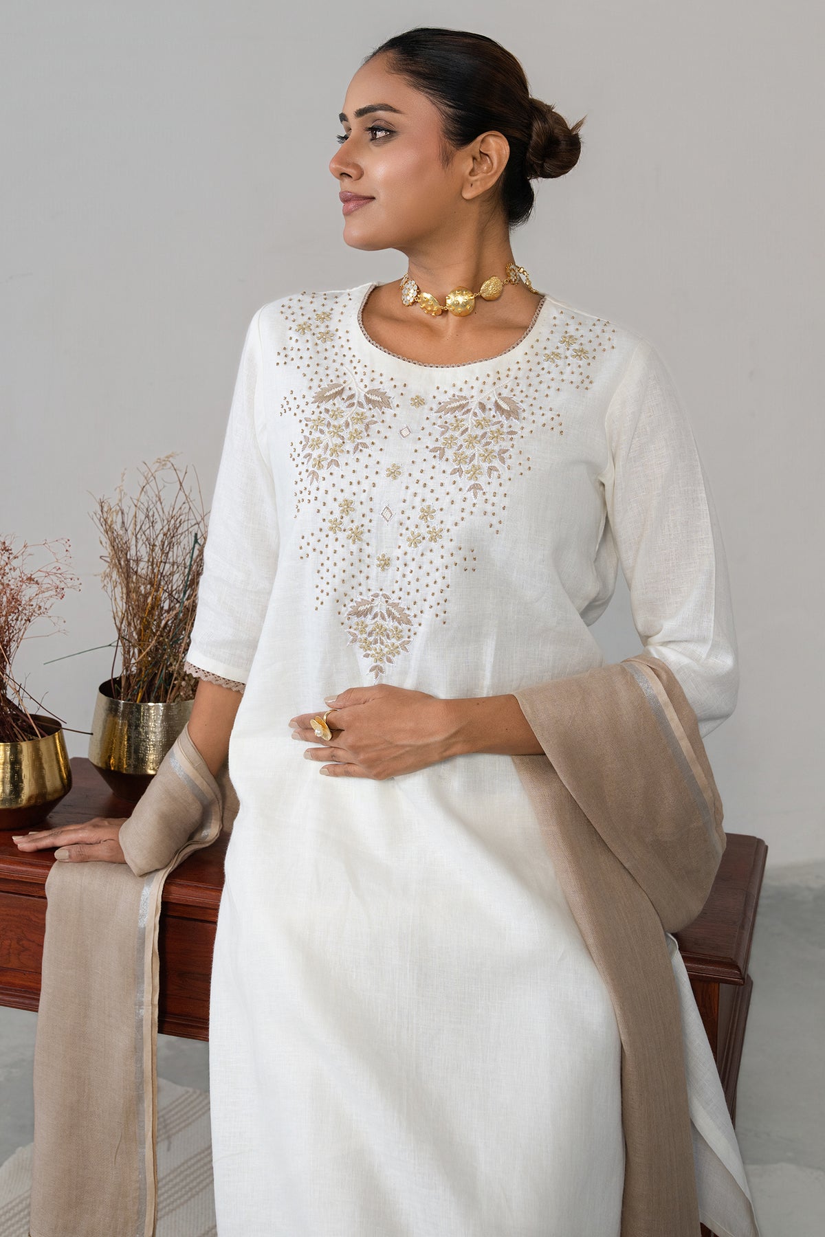 Off White Linen Embroidery and Beaded Straight Cut Kurti Set