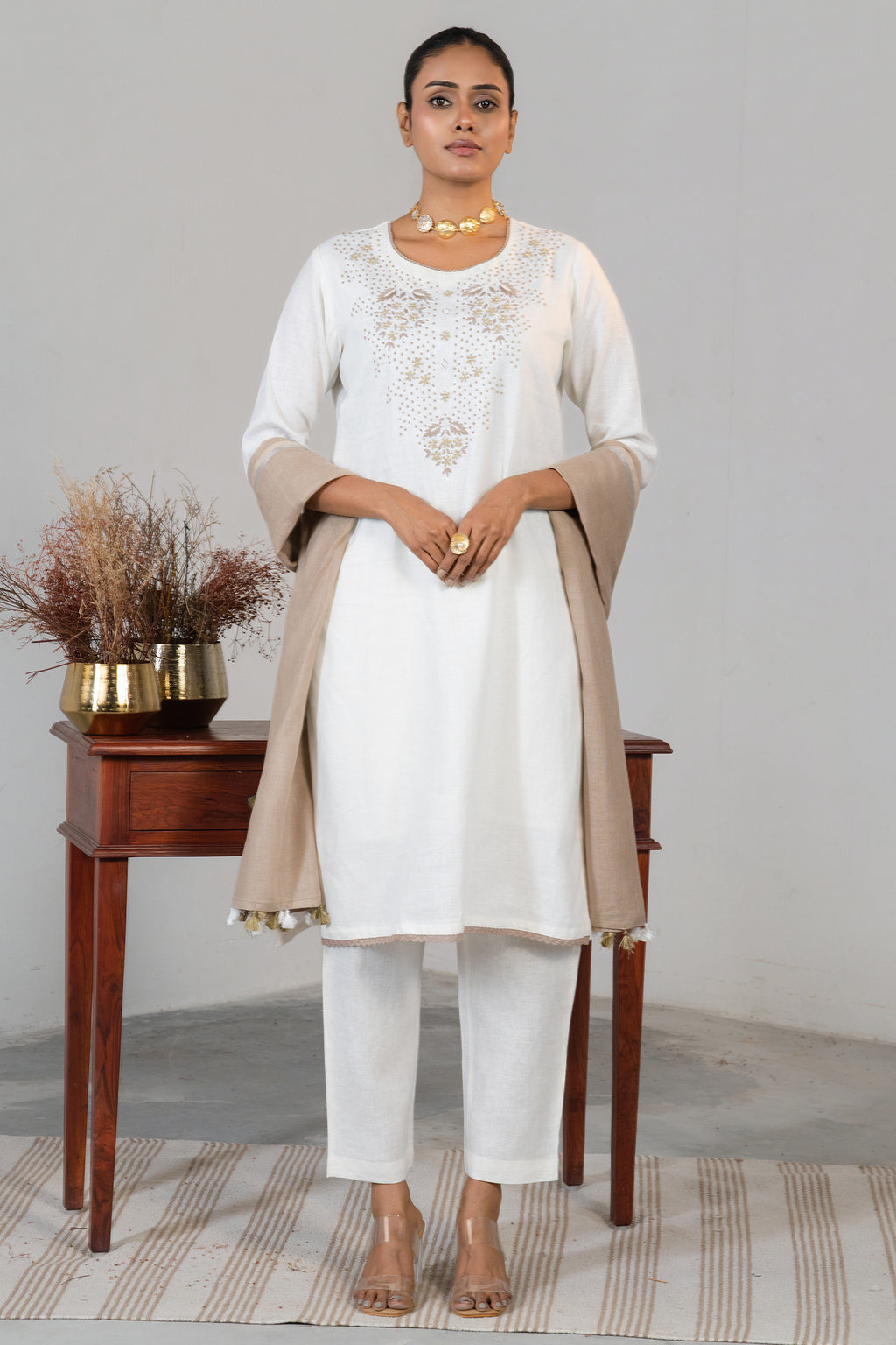 Off White Linen Embroidery and Beaded Straight Cut Kurti Set