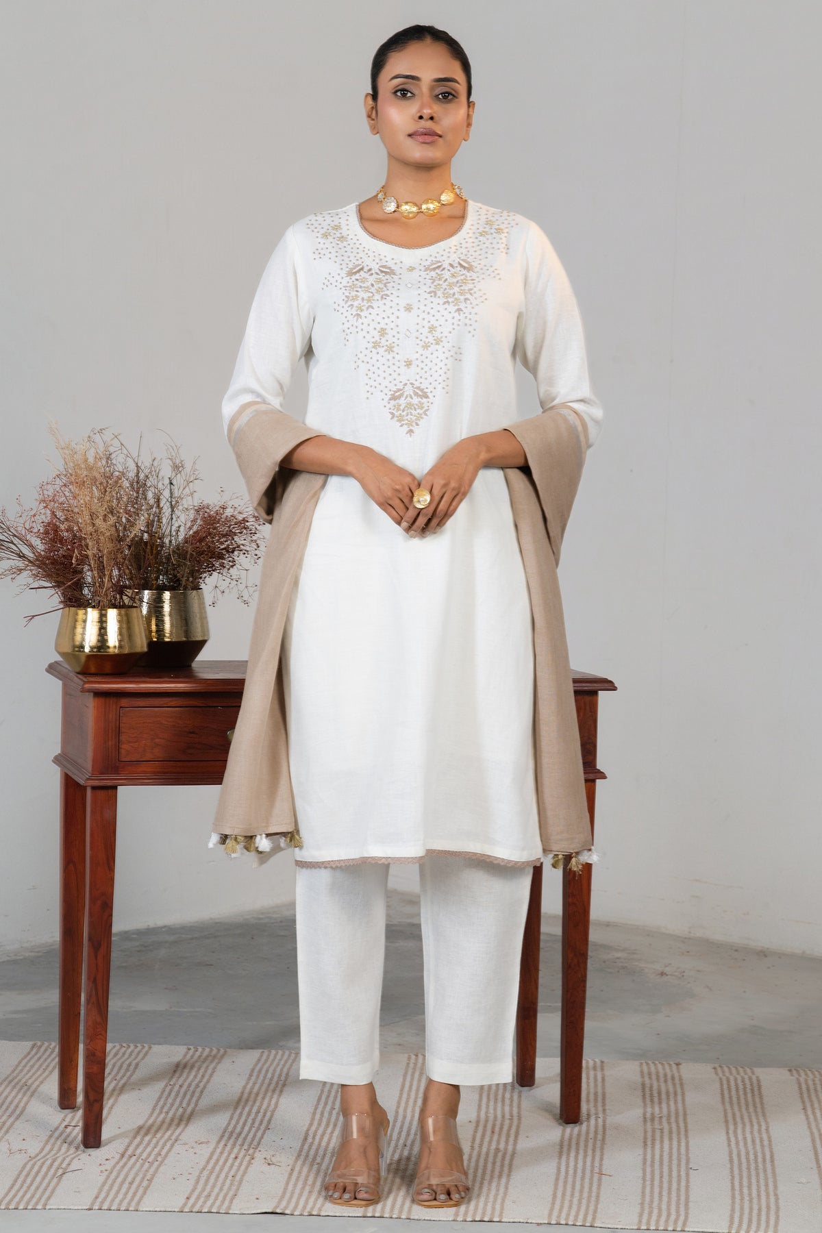 Off White Linen Embroidery and Beaded Straight Cut Kurti Set