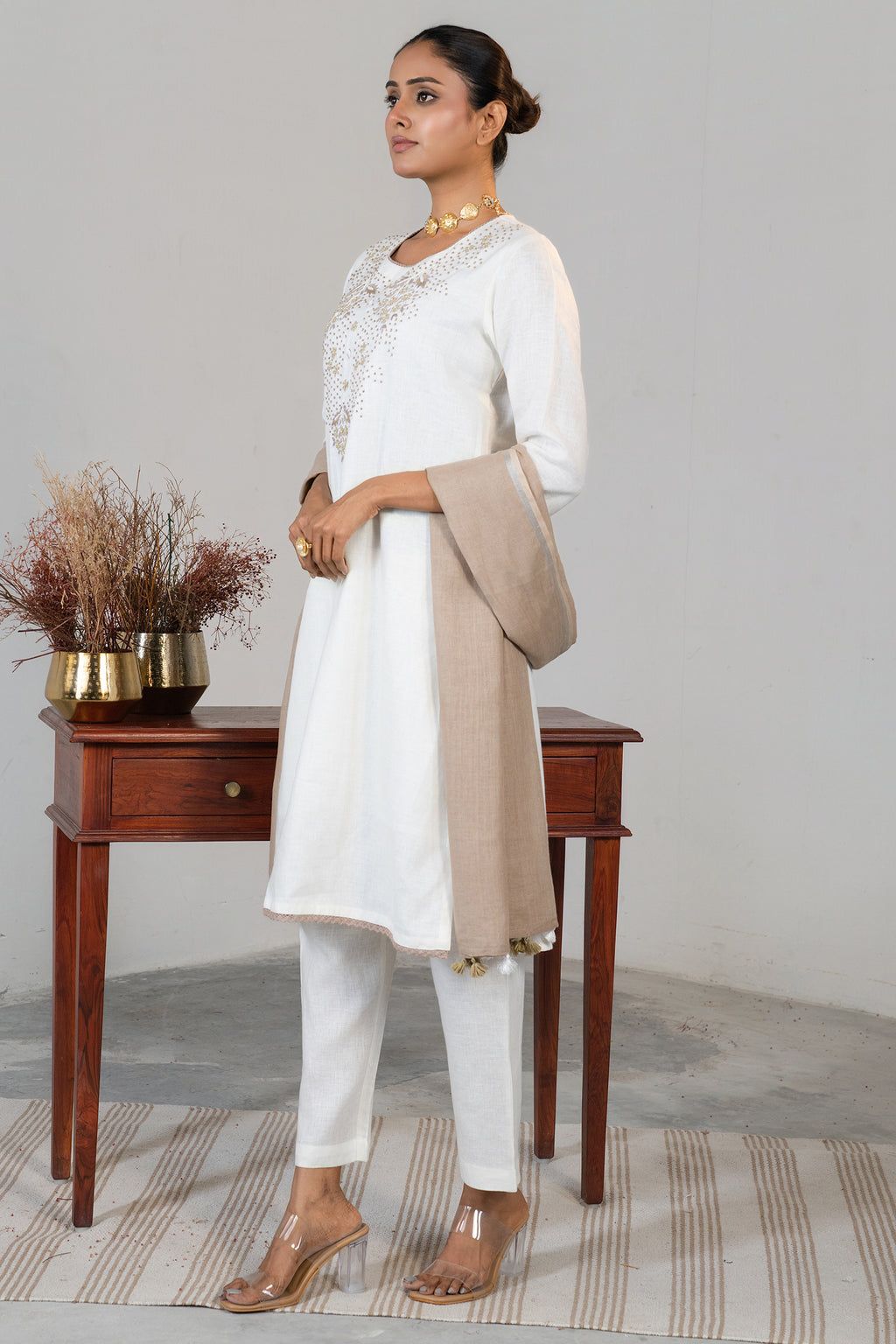 Off White Linen Embroidery and Beaded Straight Cut Kurti Set