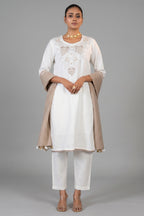 Off White Linen Embroidery and Beaded Straight Cut Kurti Set