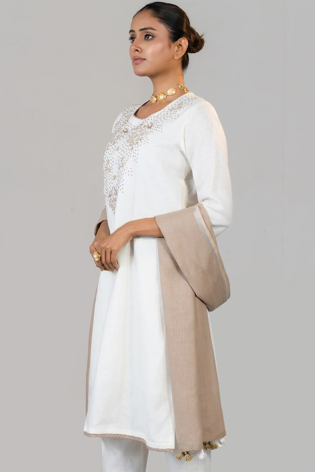 Off White Linen Embroidery and Beaded Straight Cut Kurti Set