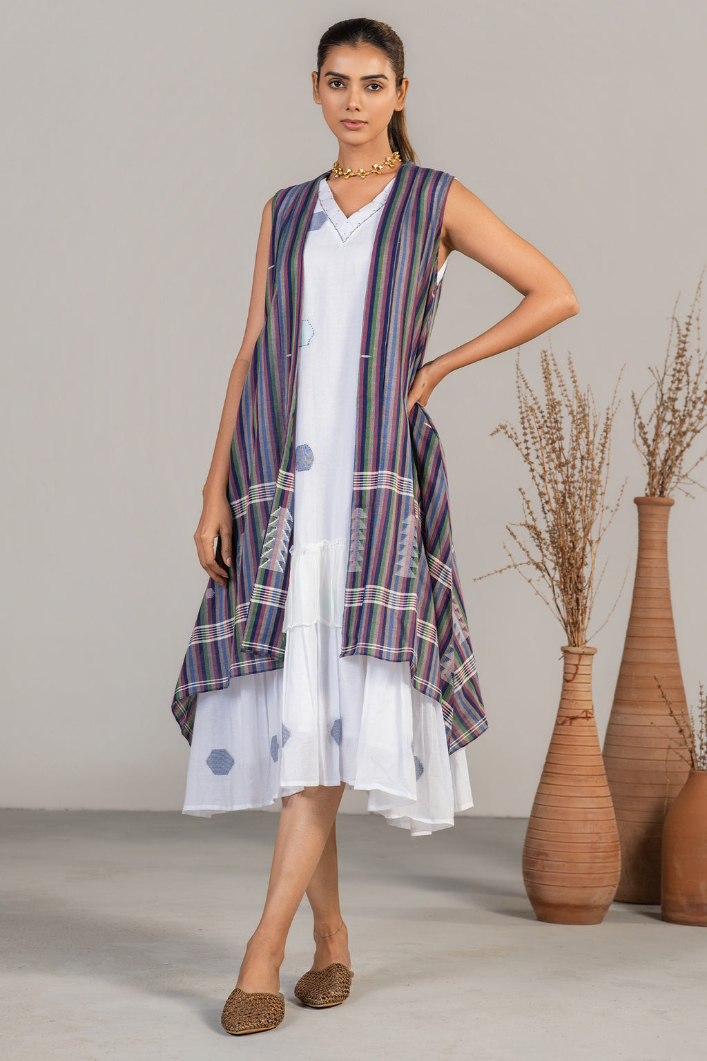 Ivory White Mul Cotton Midi Layered Dress with Striped Overlay Jacket