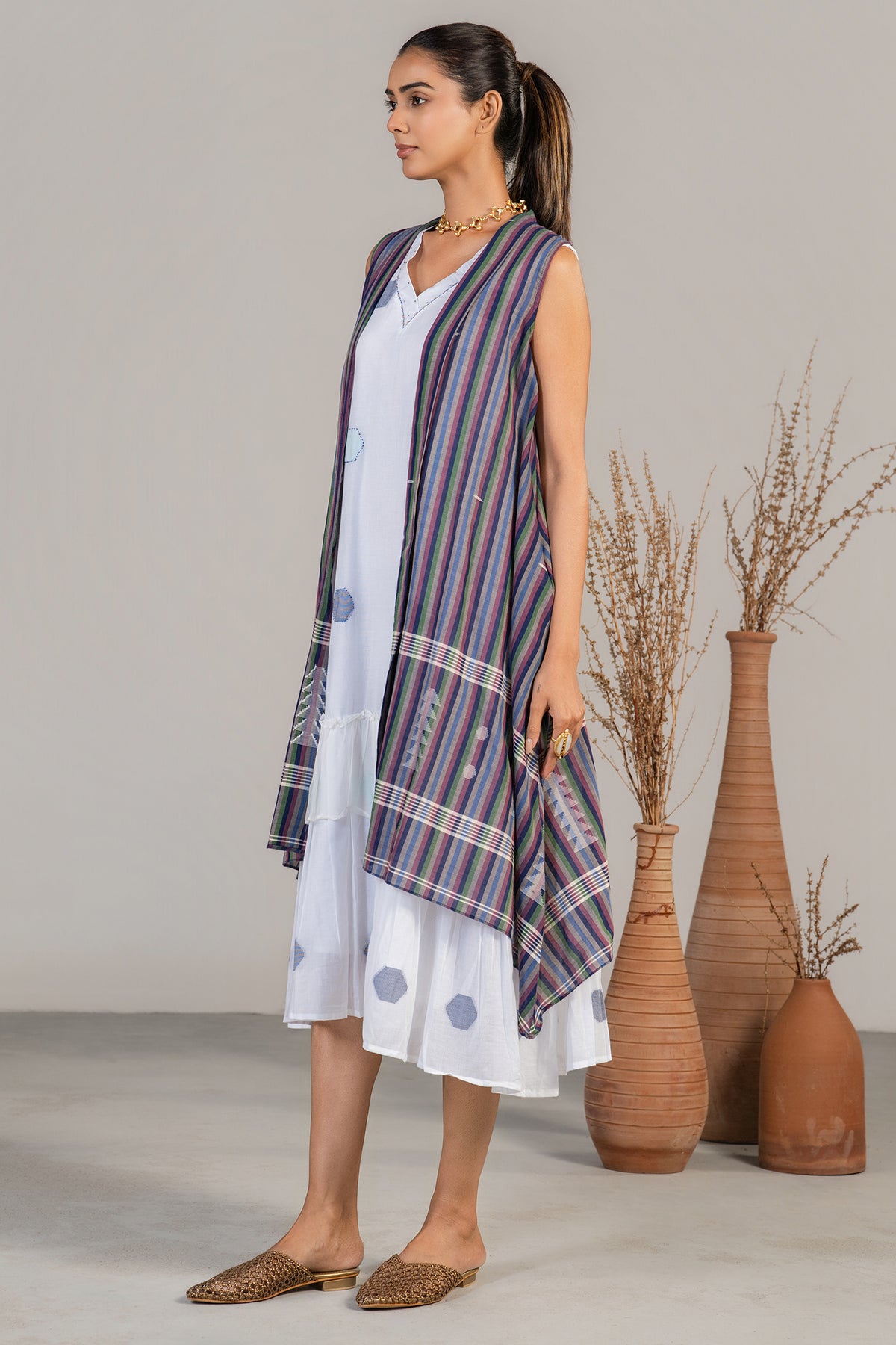 Ivory White Mul Cotton Midi Layered Dress with Striped Overlay Jacket
