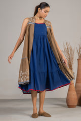 Indigo Blue Mul Cotton Midi Dress with Satetment Overlay Jacket