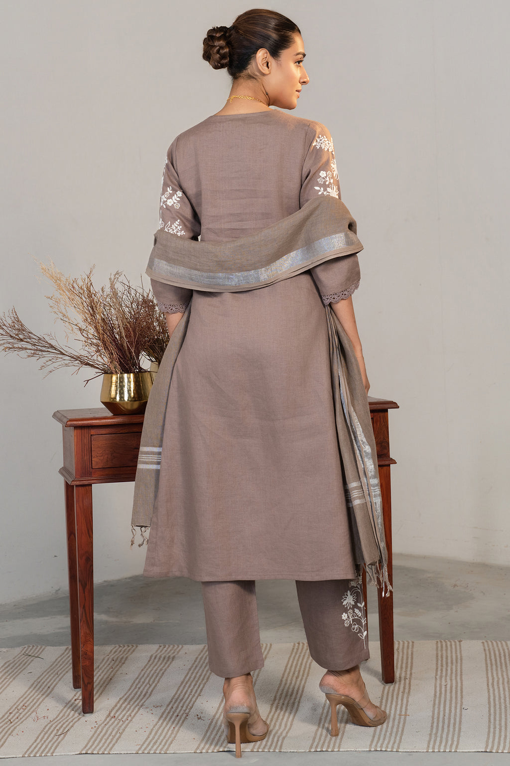 Brown Linen Embroidered Straight Cut Kurti Set