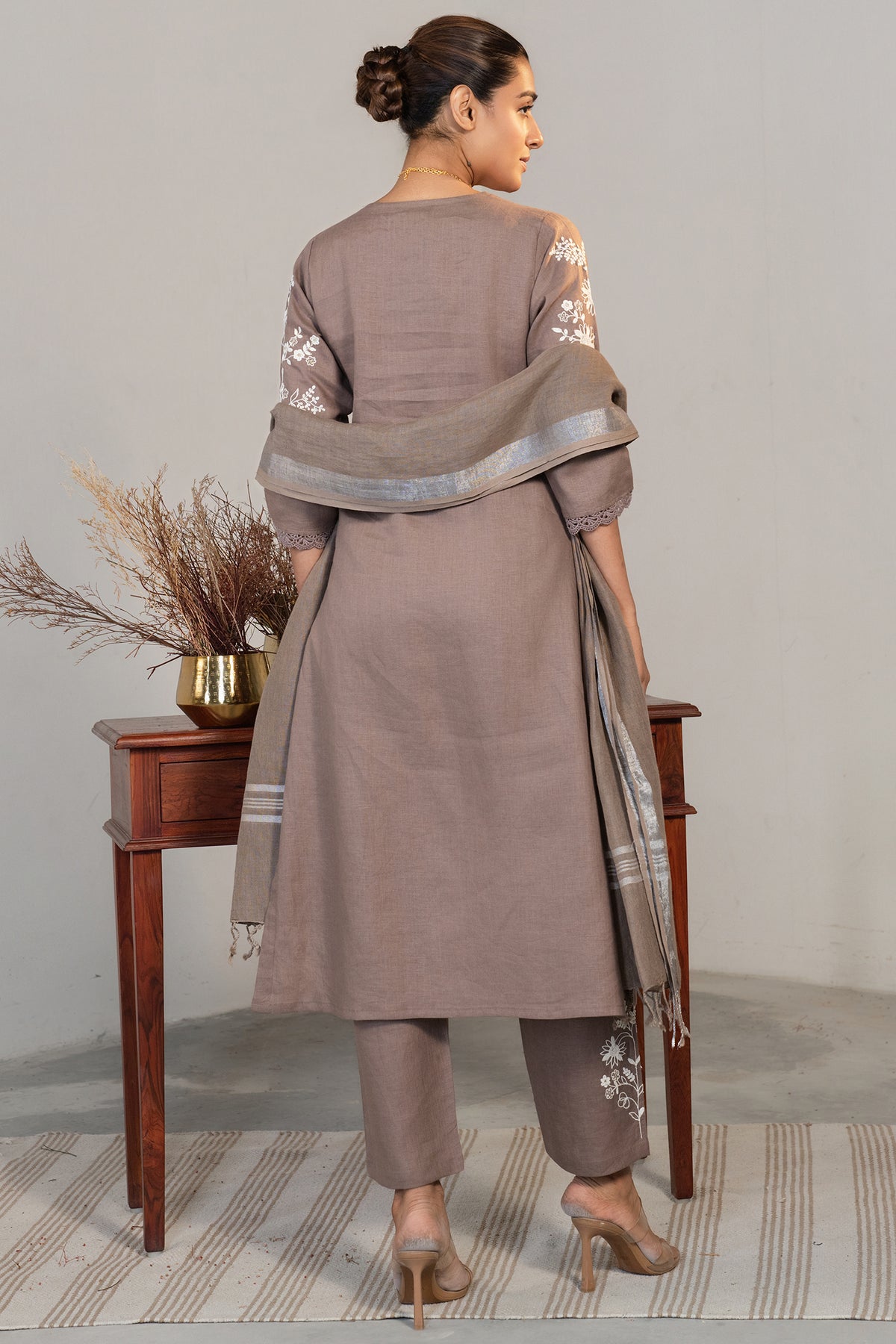 Brown Linen Embroidered Straight Cut Kurti Set