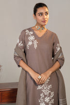 Brown Linen Embroidered Straight Cut Kurti Set