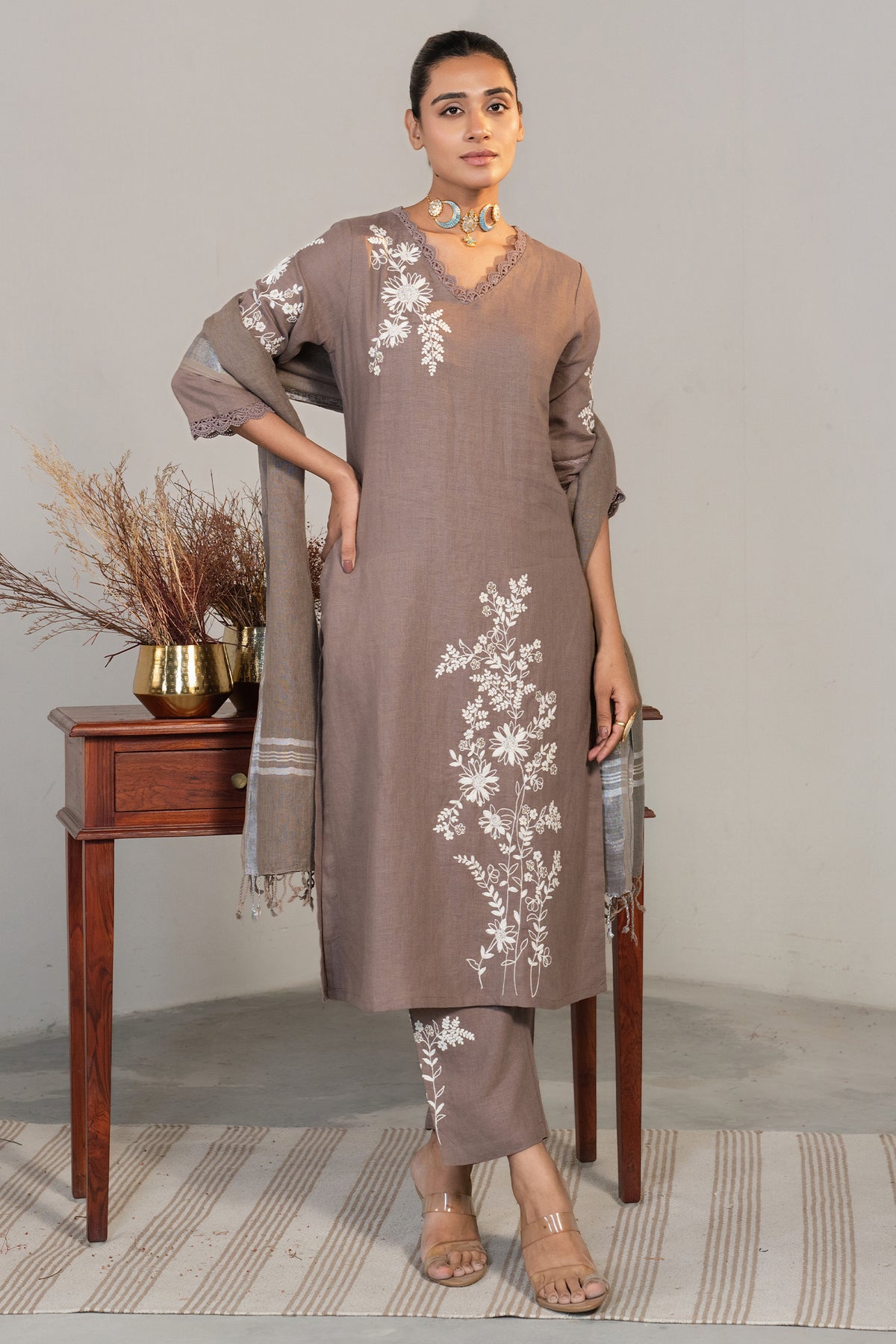 Brown Linen Embroidered Straight Cut Kurti Set