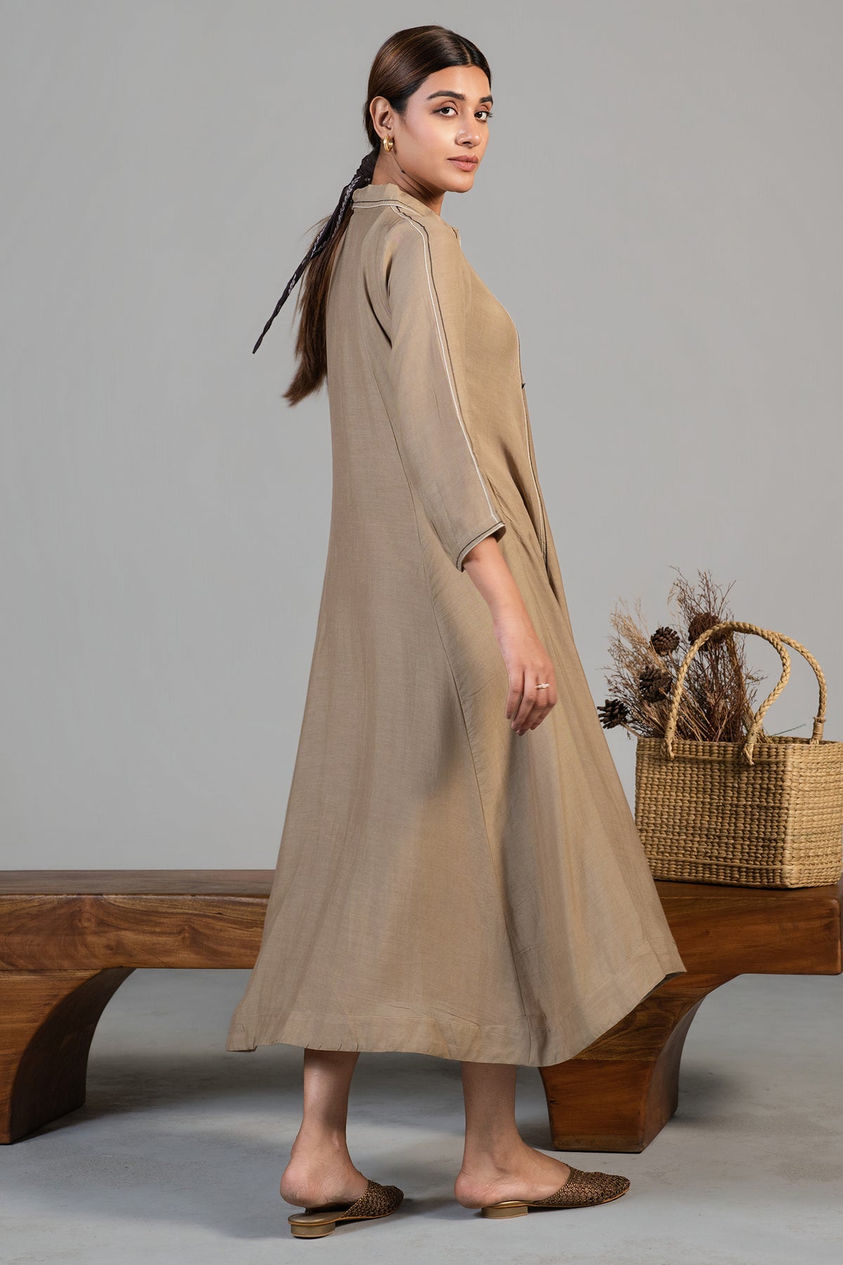 Beige Cotton Silk Dress
