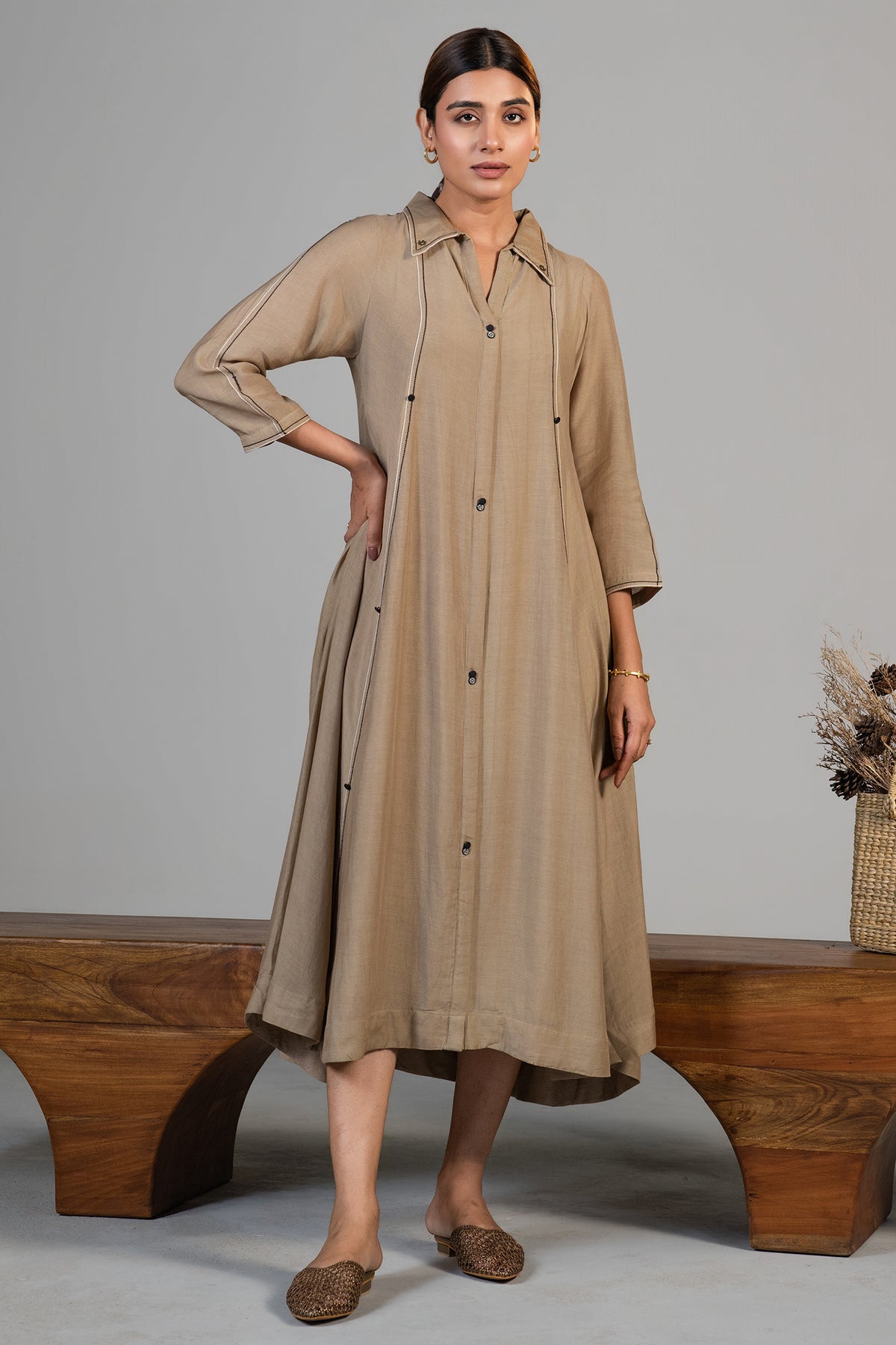 Beige Cotton Silk Dress
