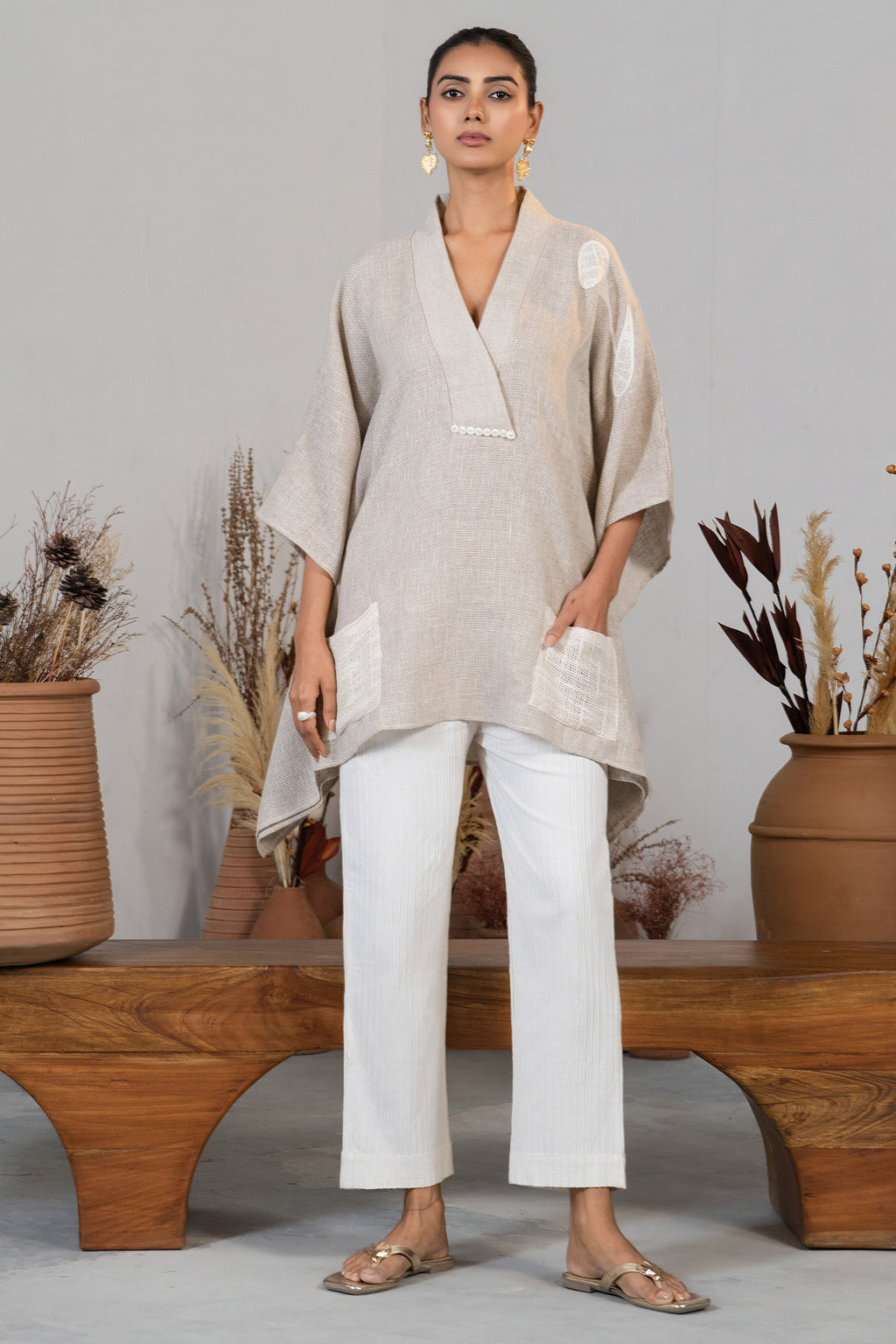 Ivory Jute Embroidered Kaftan Set