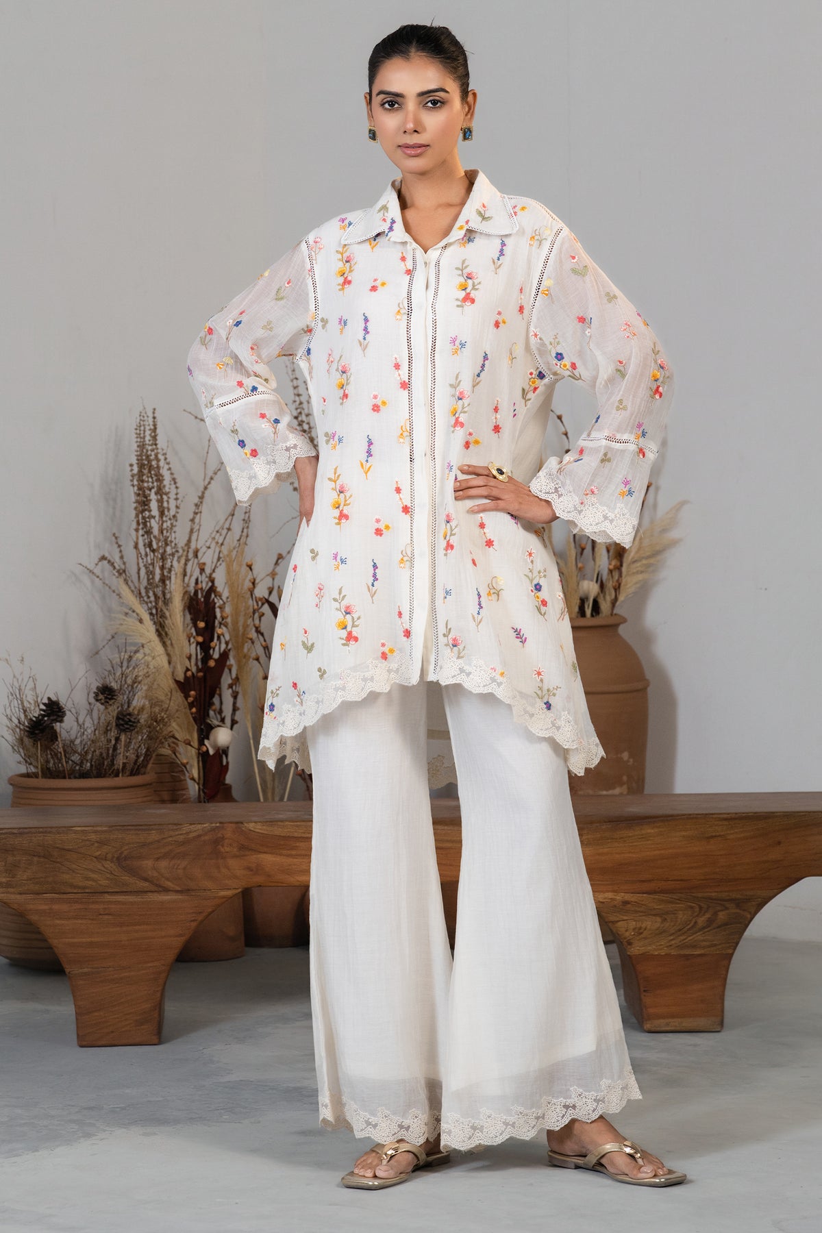 Ivory White Cotton Chanderi Thread Embroidered Co-Ord Set
