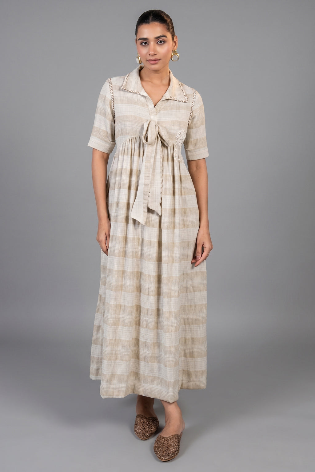Ivory Jute Embroidered Tie Up Dress