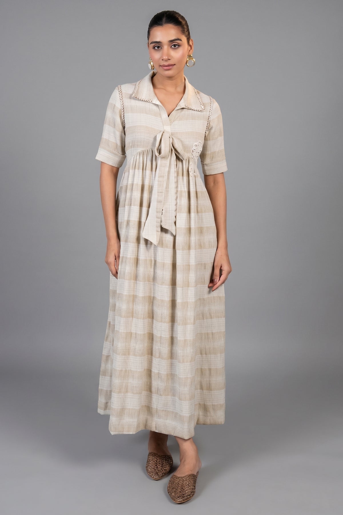 Ivory Jute Embroidered Tie Up Dress