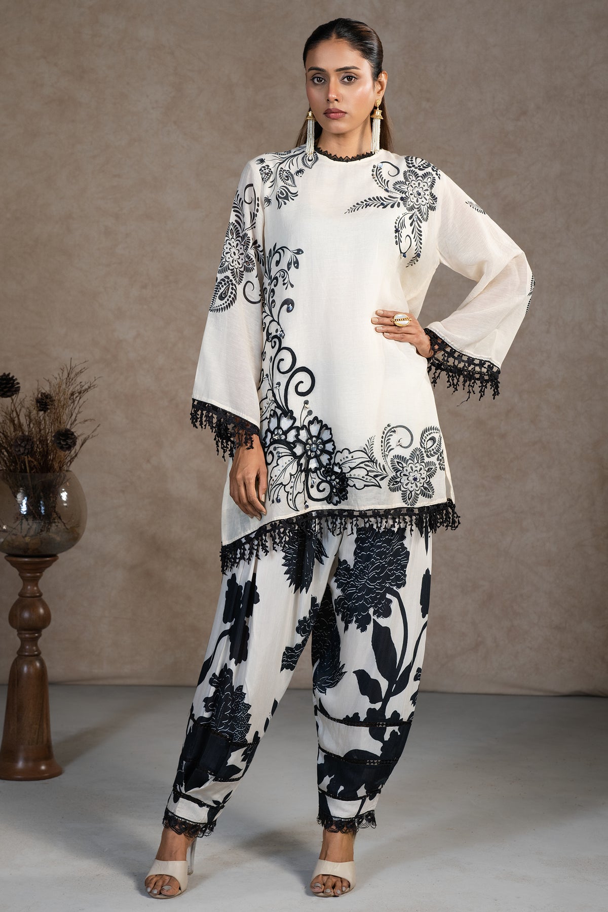Ivory Cream Linen Floral Printed Co-Ord Set