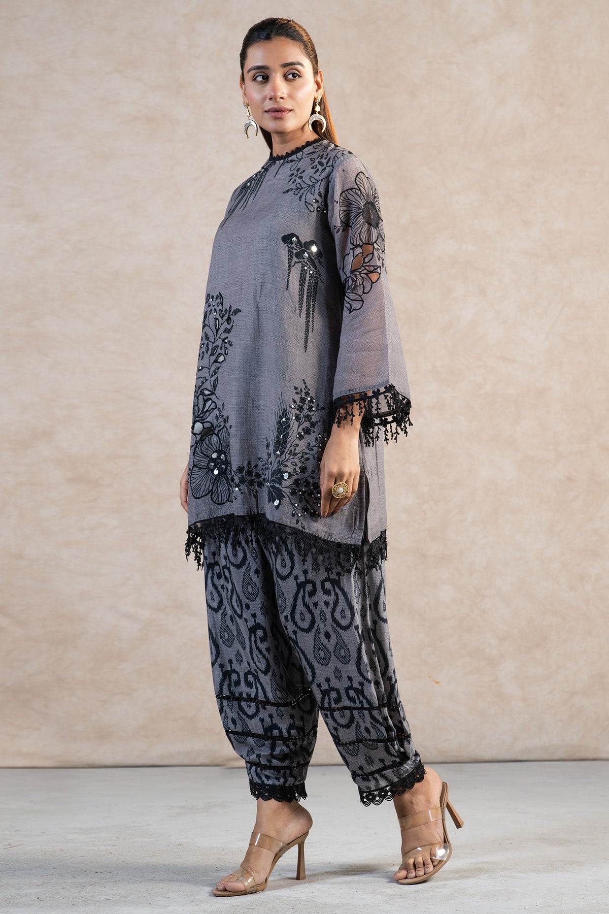 Grey Linen Floral Printed Co-Ord Set