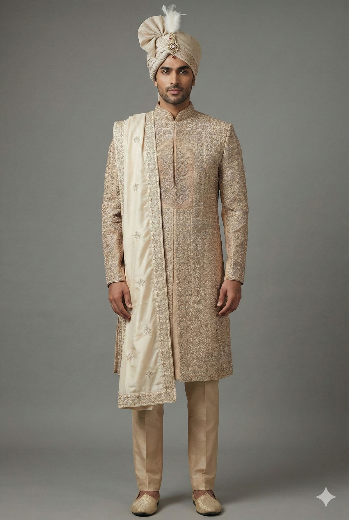 Beige Silk Embroidered Sherwani