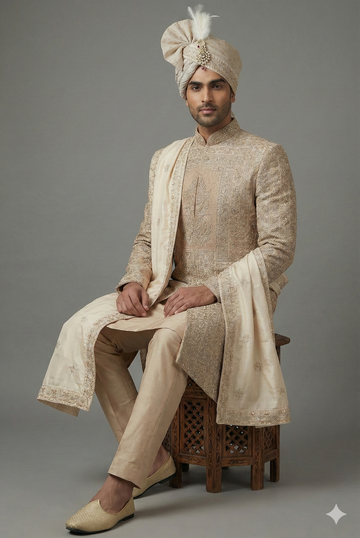 Beige Silk Embroidered Sherwani