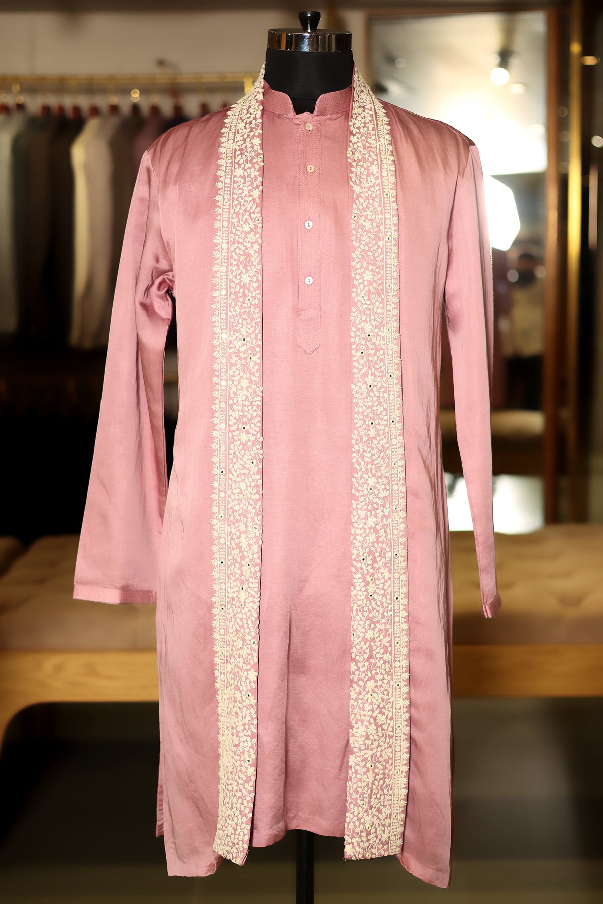 Onion Pink Silk Mirror Embroidered Kurta Pajama