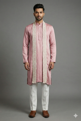 Onion Pink Silk Mirror Embroidered Kurta Pajama
