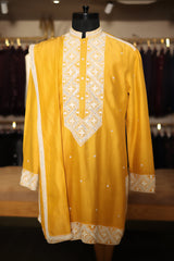 Yellow Silk Mirror Embroidered Kurta Pajama