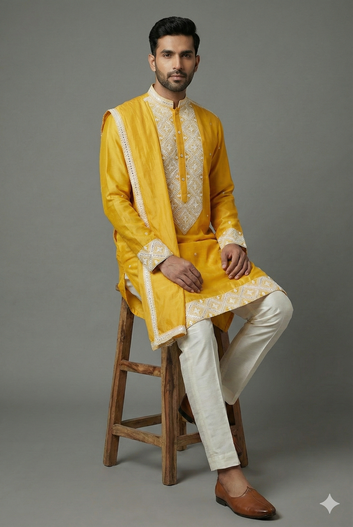 Yellow Silk Mirror Embroidered Kurta Pajama