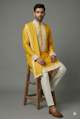 Yellow Silk Mirror Embroidered Kurta Pajama