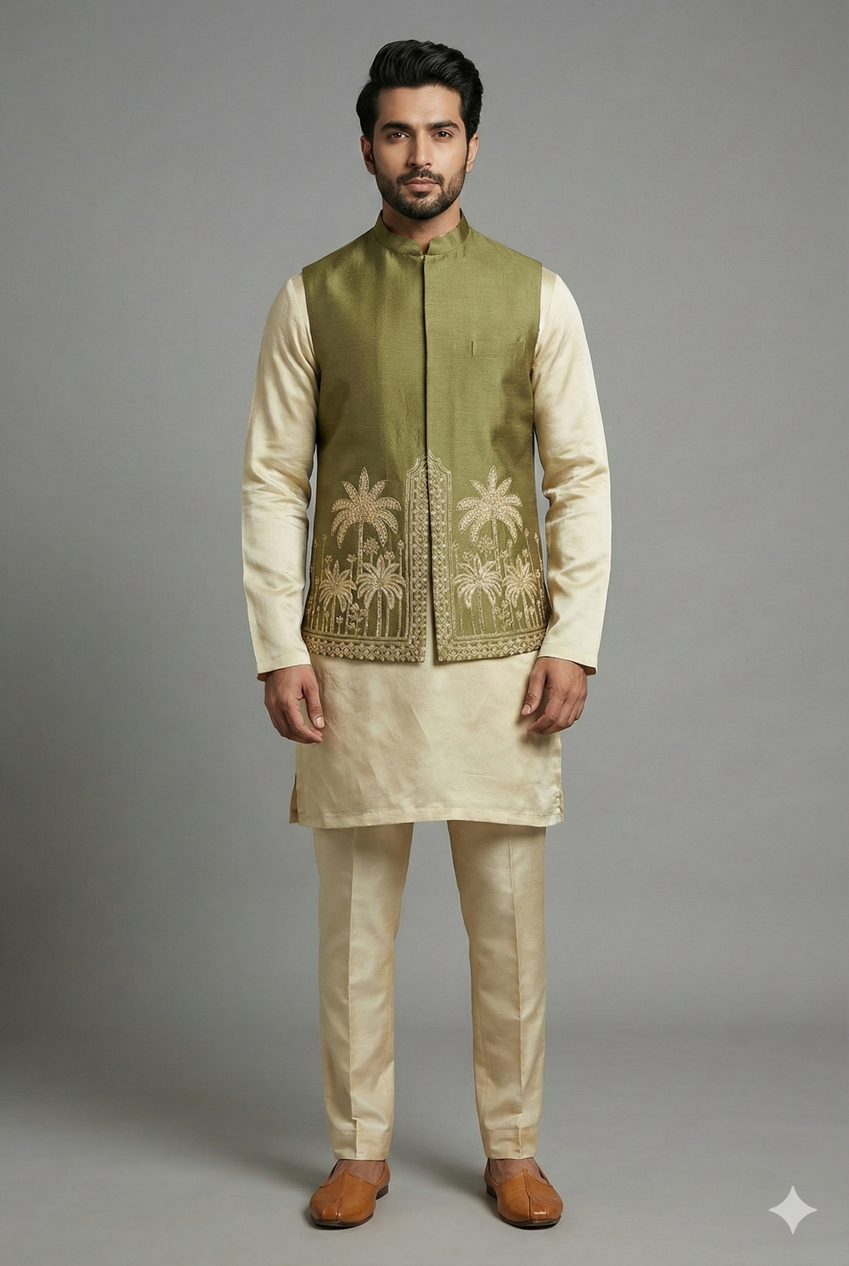 Olive Green Modal Silk Kurta Set with Zardosi Cutdana Worked Jacket