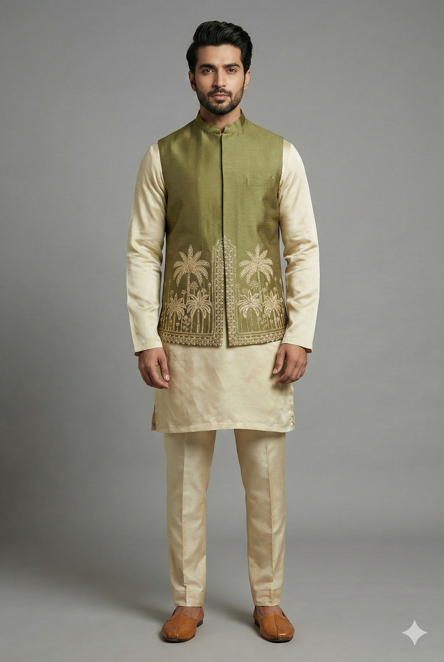 Olive Green Modal Silk Kurta Set with Zardosi Cutdana Worked Jacket